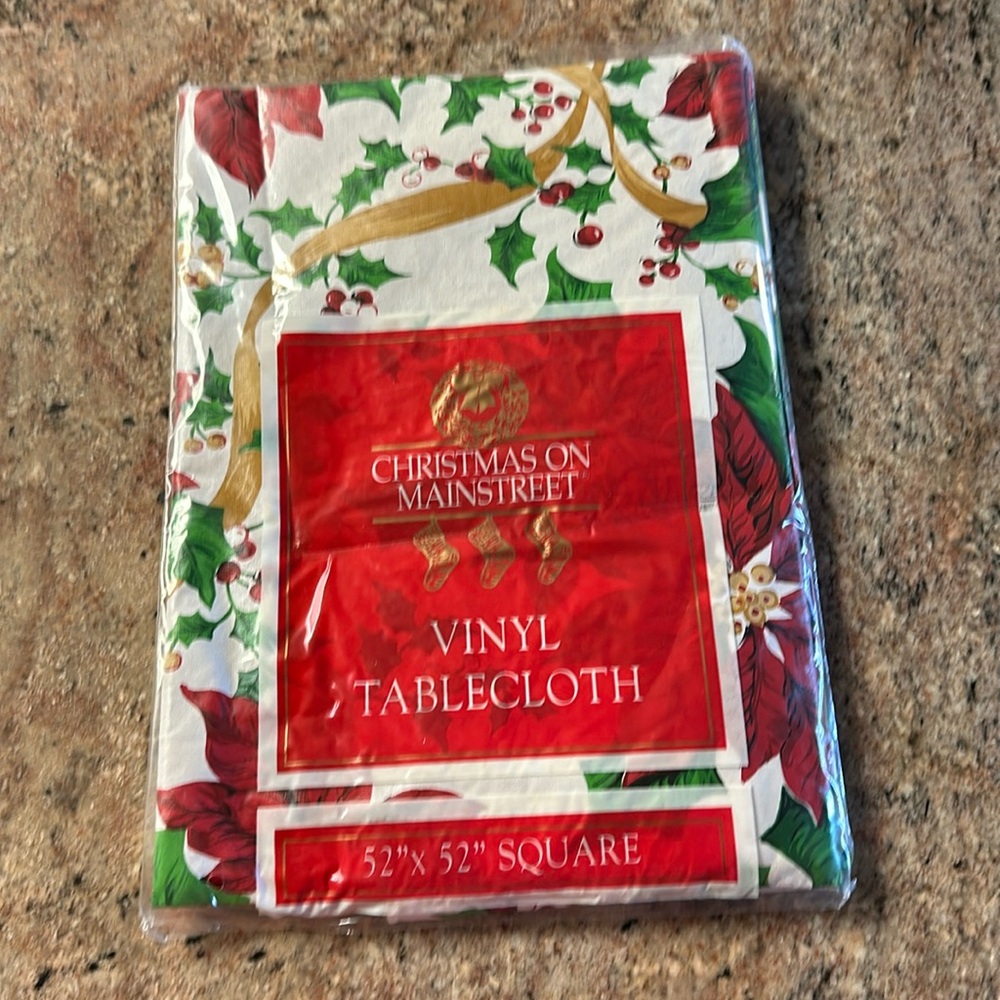 Vintage Christmas Vinyl Tablecloth.  Square 52X52